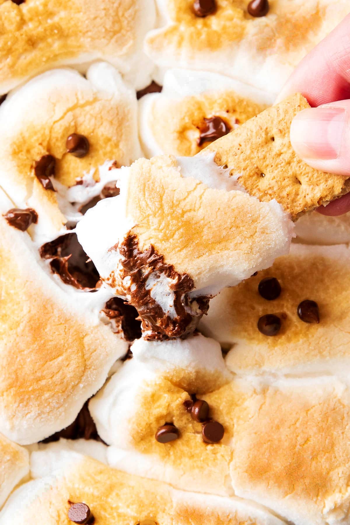 Someone dipping a graham cracker into this Ghost S'more Dip, scooping up roasted marshmallows and chocolate.