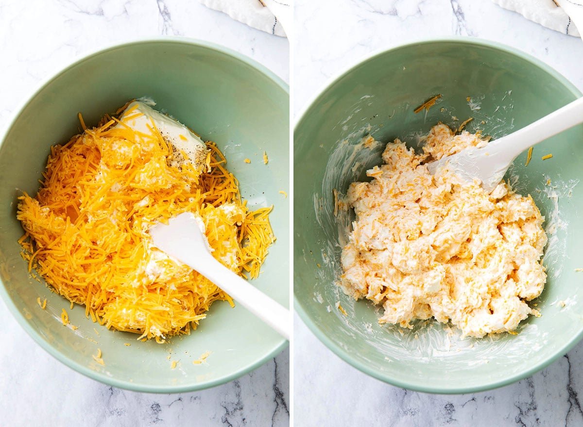 Two photos showing How to Make Mummy Jalapeno Poppers - adding cheese and seasonings to a bowl and mixing thoroughly to make the filling.