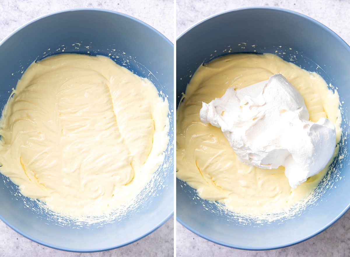 Two photos showing How to Make Oreo Fluff - pudding whisked with cream cheese and folding in whipped topping