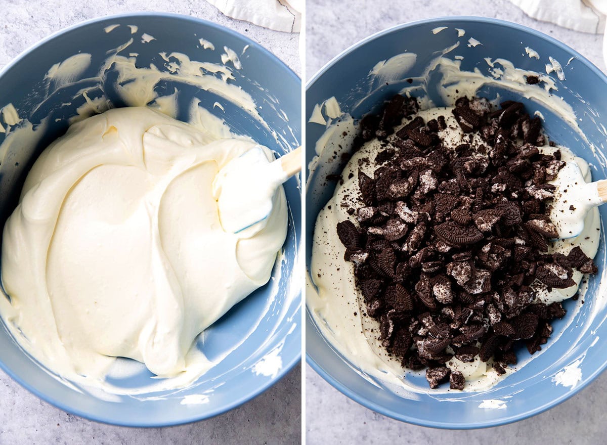 Two photos showing How to Make Oreo Fluff Dip - creamy base for Oreo cookie fluff and folding in crushed Oreos