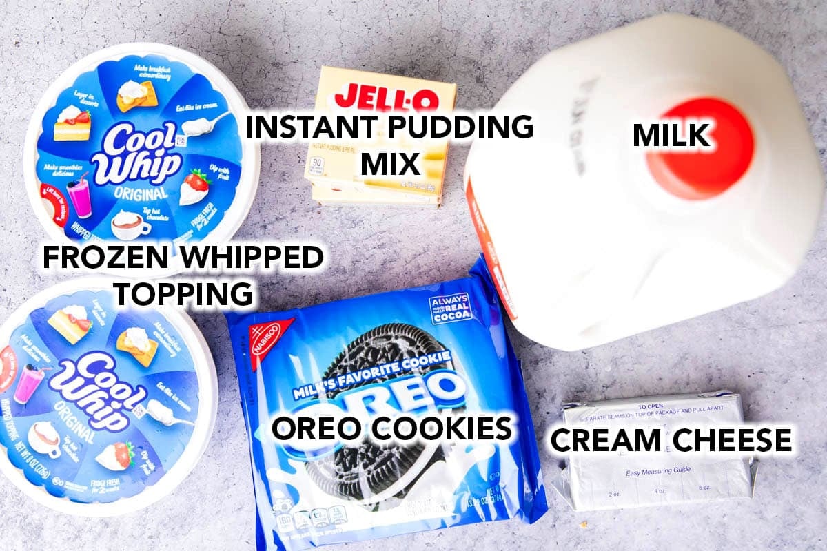 Oreo Fluff ingredients including Cool Whip, Oreo cookies, instant vanilla pudding, cream cheese, and milk