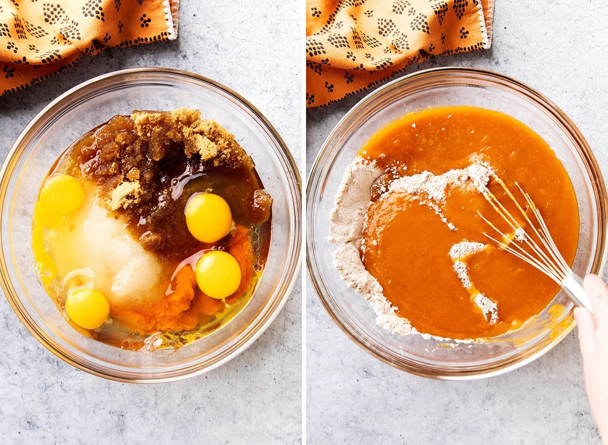 Two photos showing How to Make Pumpkin Cake - whisking wet and dry ingredients together to make batter.