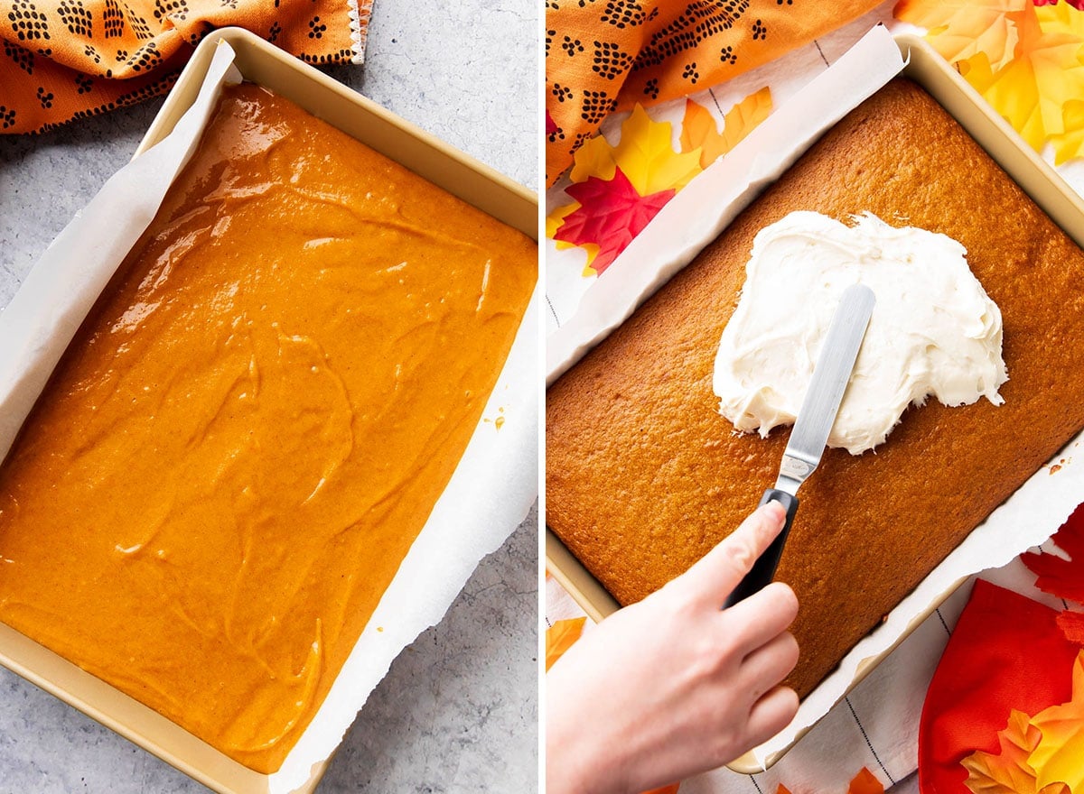 Two photos showing How to Make Pumpkin Cake - cake batter in lined pan and spreading frosting on cooled cake.