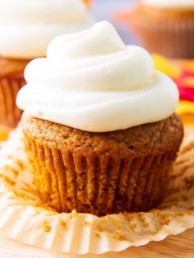 the cupcake wrapper peeled off this easy pumpkin cupcake recipe