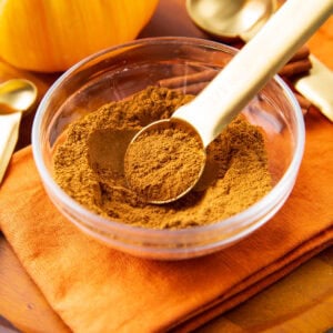 a measuring spoon scoops up pumpkin pie spice out of a spice bowl