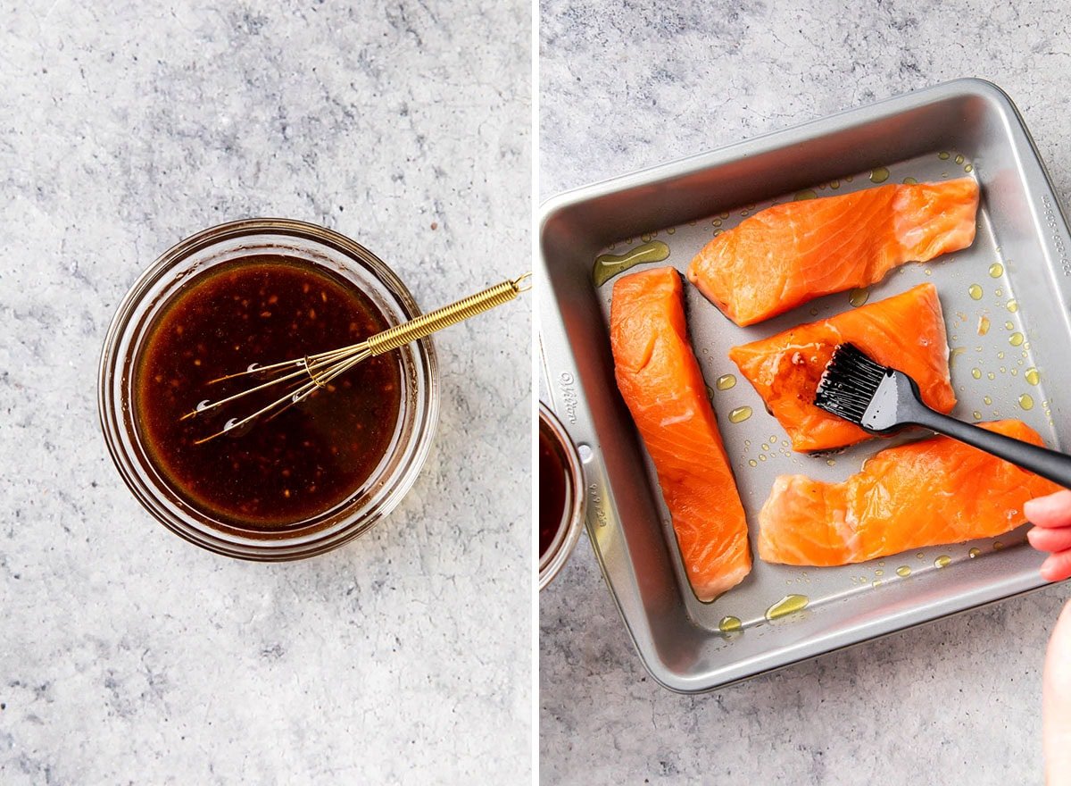 Two photos showing How to Make Asian Salmon recipe - whisking the sauce together and brushing oil onto raw salmon in a baking pan.