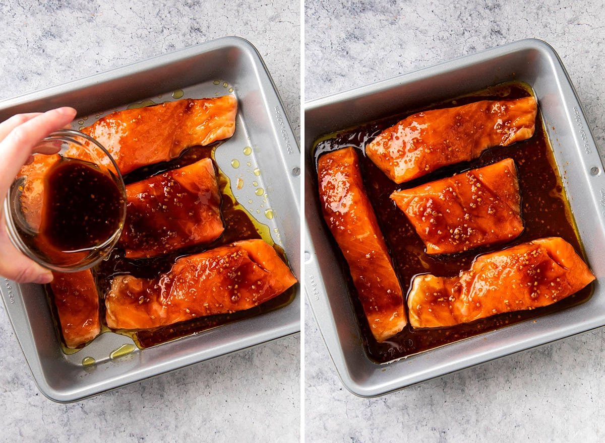 Pouring homemade Asian sauce evenly over salmon to coat completely in a baking pan.