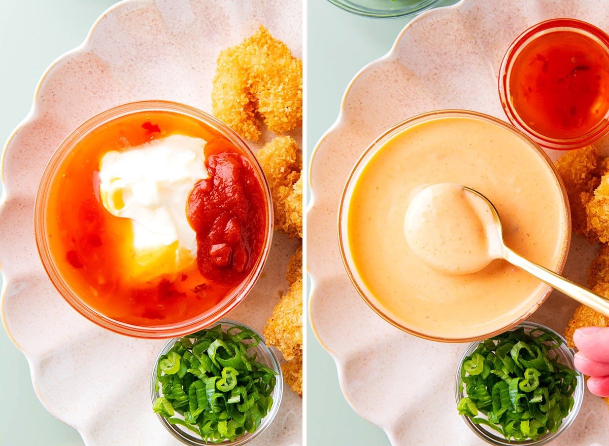 Two photos showing how to make bang bang shrimp sauce - mixing ingredients together until creamy.