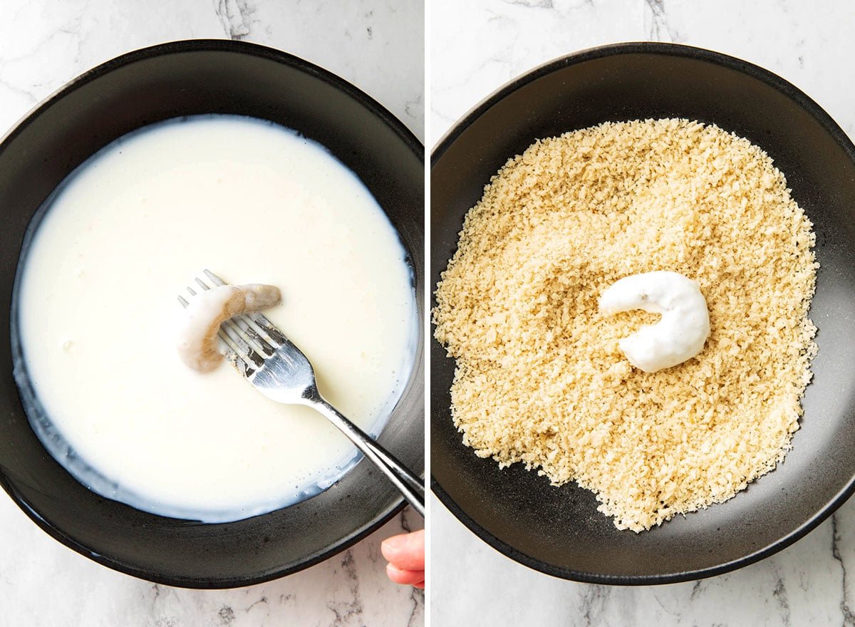 Two photos showing How to Make Bang Bang Shrimp - dredging in buttermilk and seasoned Panko breadcrumbs.