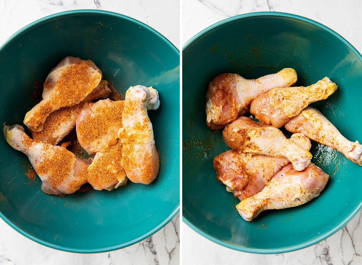 Two photos showing How to Make Cajun Chicken Drumsticks - tossing raw chicken drumsticks in Cajun seasoning and oil before cooking.