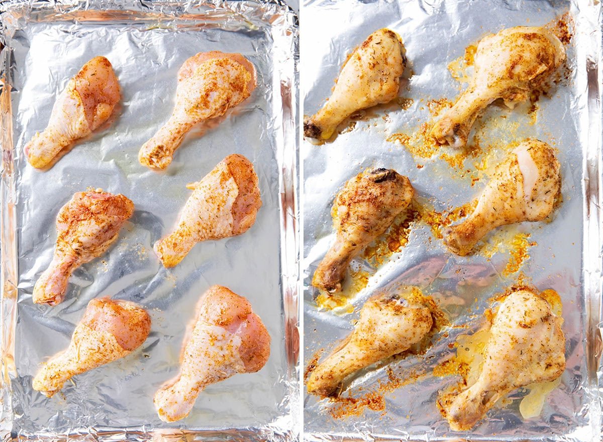 Two photos showing before and after cooking Cajun chicken drumsticks - raw chicken on a lined baking sheet and fulled cooked chicken after oven baking.