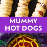 Crescent Mummy Dogs! 4 Ingredient Halloween Mummy Hot Dogs Pinterest image.