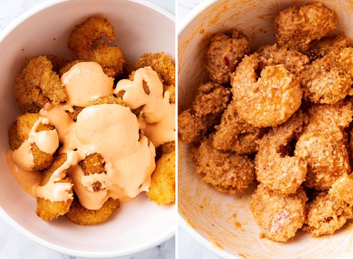 Two photos showing How to Make Bang Bang Shrimp - adding sauce over the shrimp and tossing to coat.