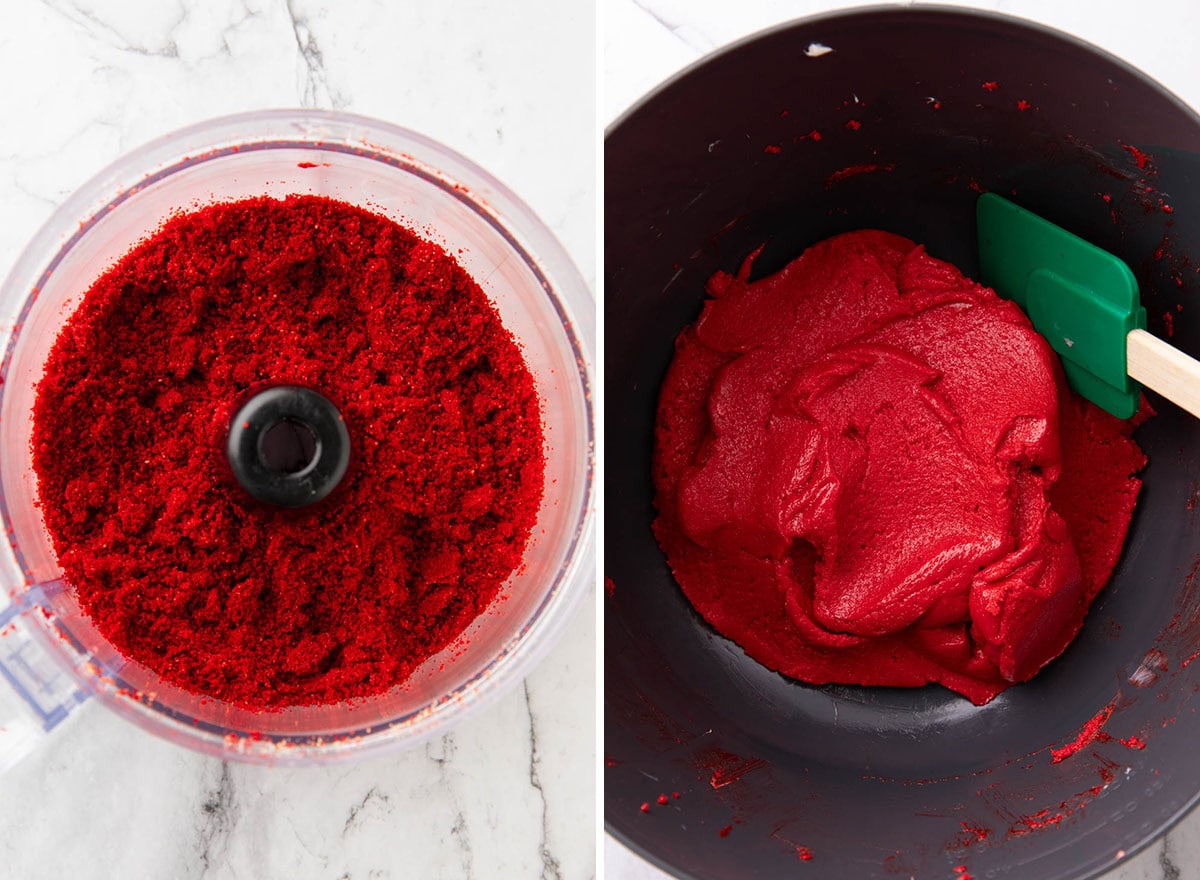 Two photos showing How to Make Grinch Oreo Balls - blending Oreos and food coloring in a food processor and folding in a mixing bowl into a Christmas truffle dough.