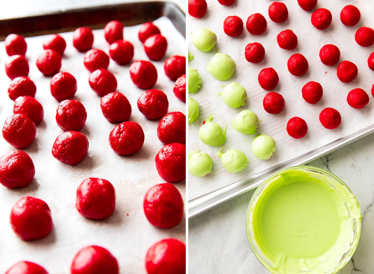 Two photos showing How to Make Grinch Oreo Balls - scoop dough into balls and dip in melted green candy wafers to coat into a Christmas truffle.
