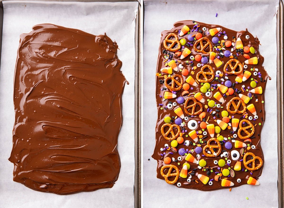 Two photos showing How to Make Halloween Bark - melted chocolate spread on a lined baking sheet and topped with pretzels, candy corn and more spooky toppings