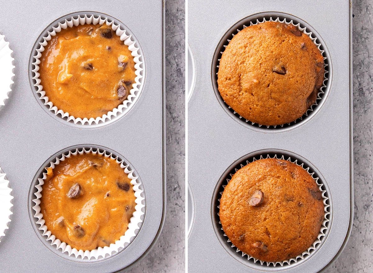 Two photos showing How to Make Pumpkin Chocolate Chip Cupcakes - raw batter in cupcake liners and baked cupcakes in cupcake pan.