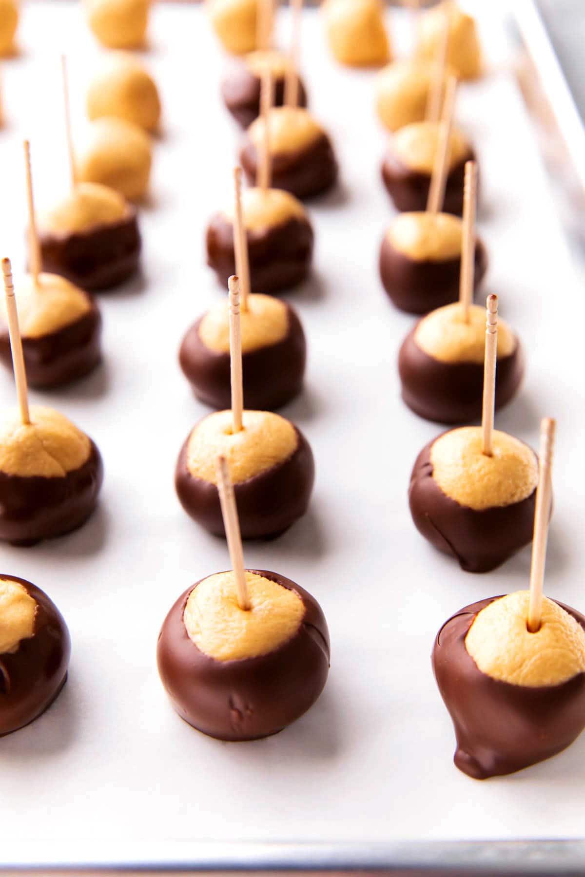 This Ohio buckeyes recipe includes dipping peanut butter balls in chocolate with a toothpick inserted and lined up on a baking sheet.