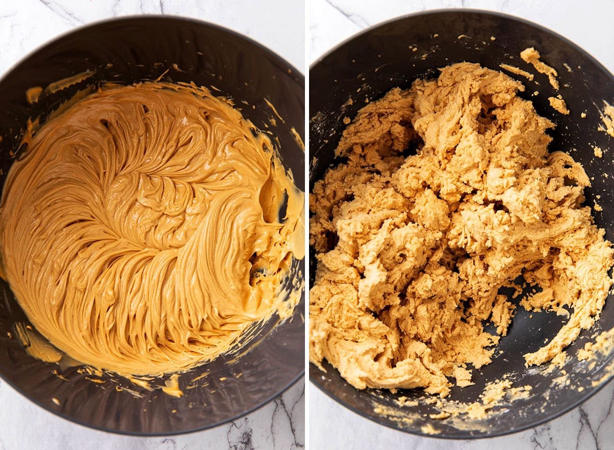 Two photos showing How to Make Buckeye Balls - beating peanut butter, powdered sugar, butter, and vanilla in a mixing bowl until thickened.