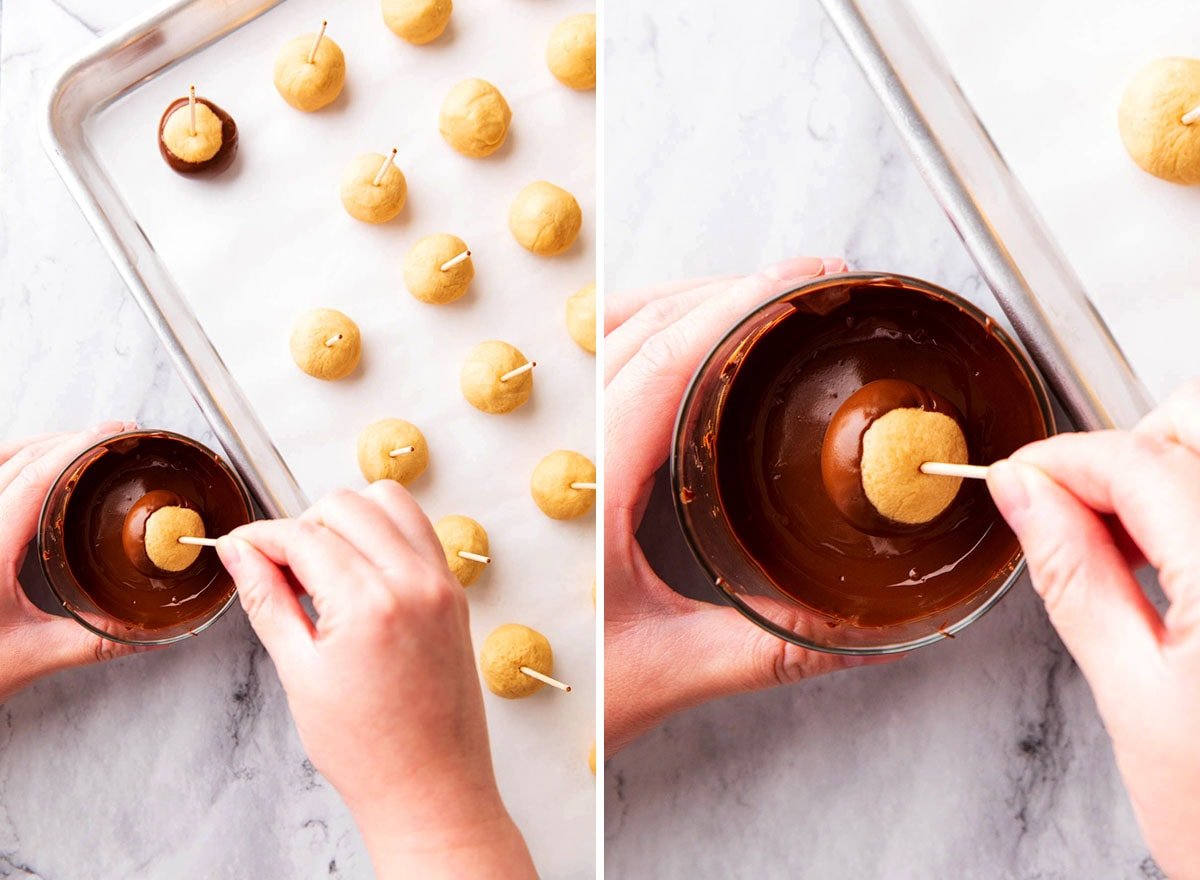 Two photos showing how to make Easy Buckeye recipe - someone dipping a toothpick-inserted peanut butter balls into chocolate to create and Ohio buckeye.