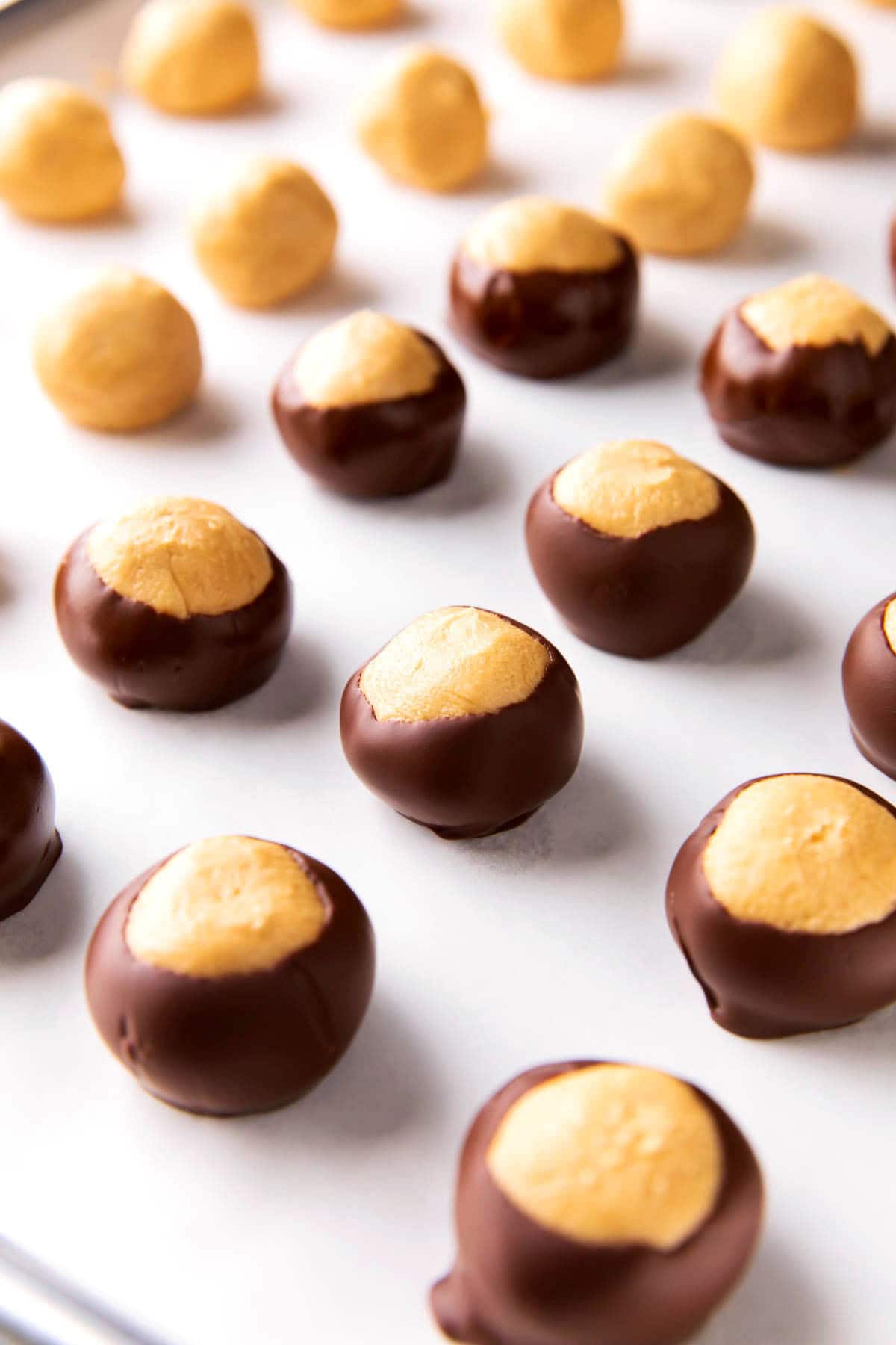 Easy buckeye recipe is a no bake dessert that chills on a lined sheet so the chocolate can harden around truffles of peanut butter.