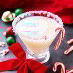 Candy Cane Martini served in a martini glass is sweet and made with creme de menthe and peppermint schnapps