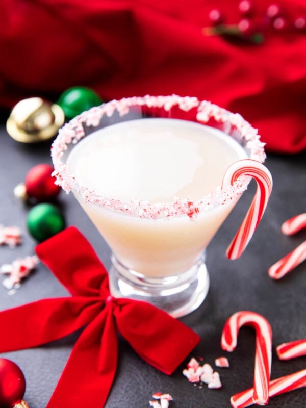 Candy Cane Martini served in a martini glass is sweet and made with creme de menthe and peppermint schnapps