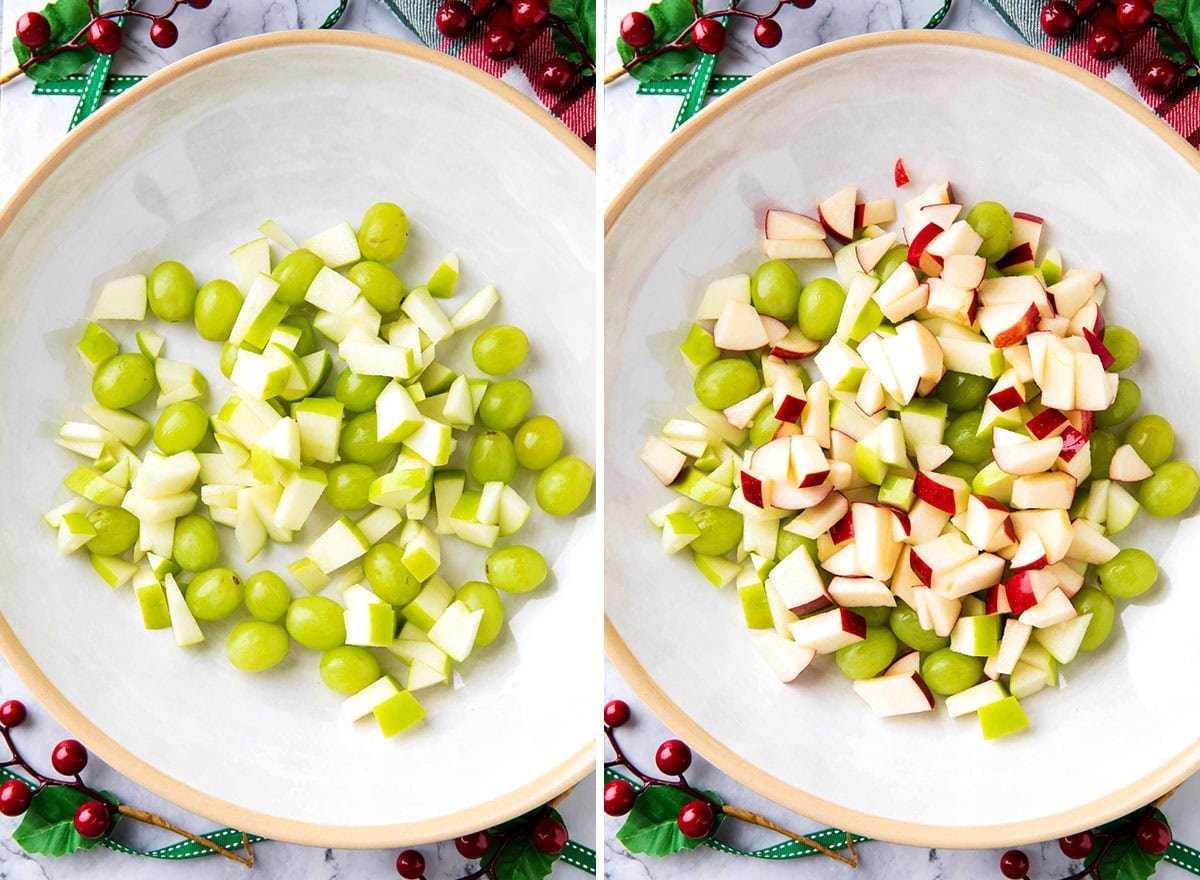 Two photos showing how to make Christmas Fruit Salad - adding chopped red and green apples to a large salad bowl.
