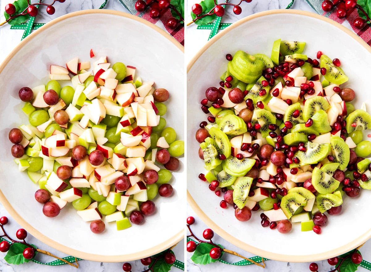 Two photos showing how to make old fashioned Christmas fruit salad - adding red and green grapes and pomegranate arils to the bowl.