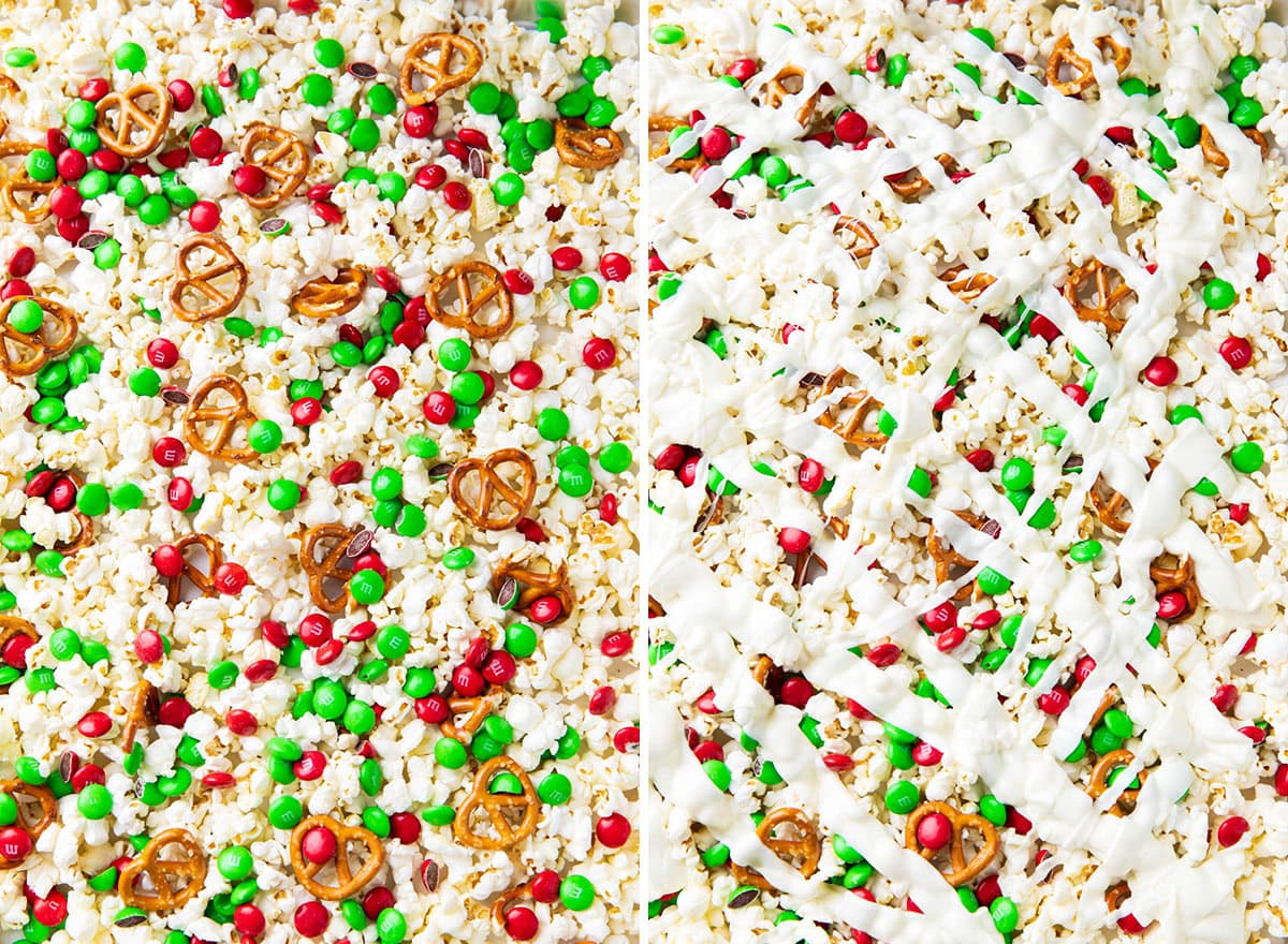 Two photos showing How to Make Christmas Popcorn - popcorn, pretzel, and candy mixture and drizzled in white chocolate to make Christmas popcorn crack.