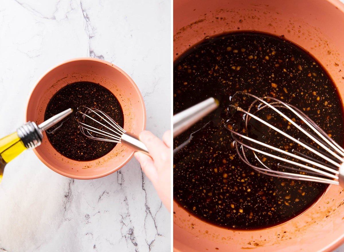 Whisking olive oil into a mixing bowl to create balsamic dressing.