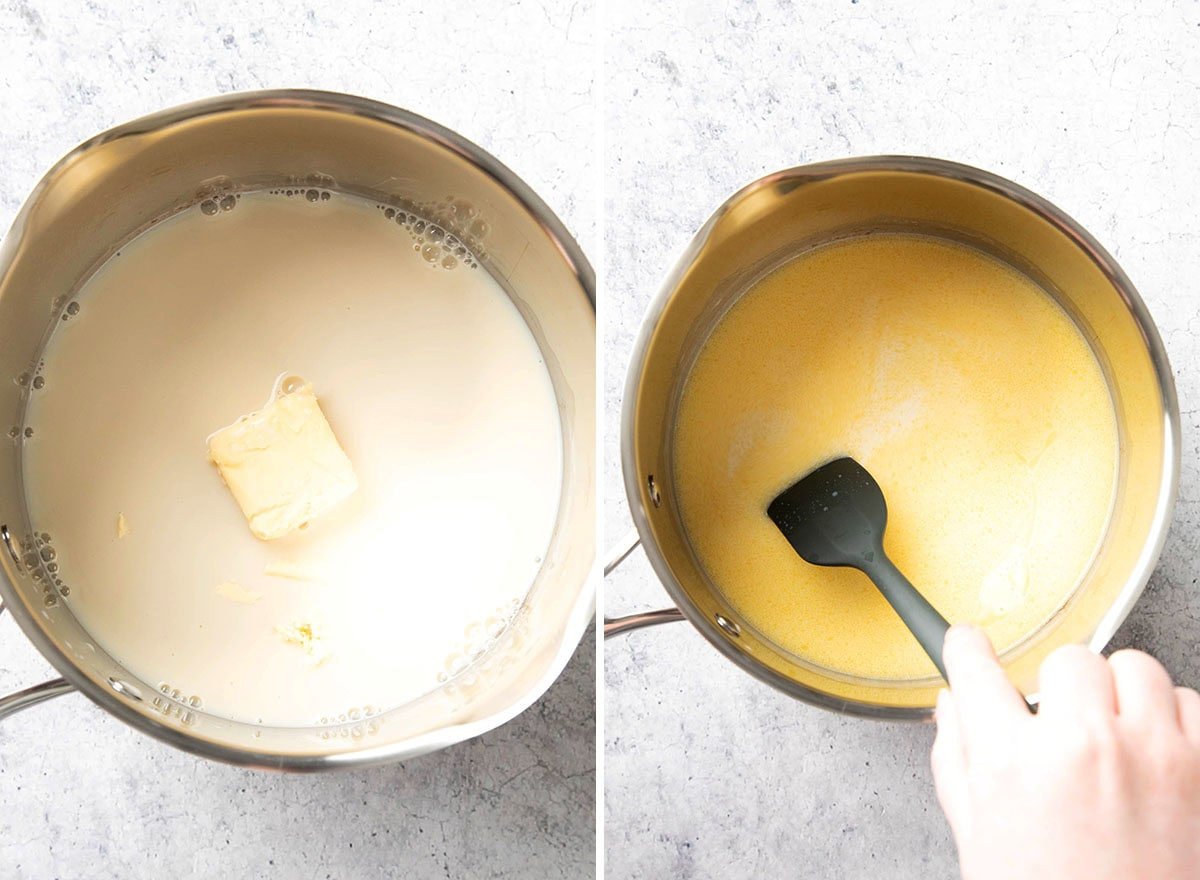 Two photos showing How to Make Mashed Potatoes - melting butter and warming milk before adding to potatoes.