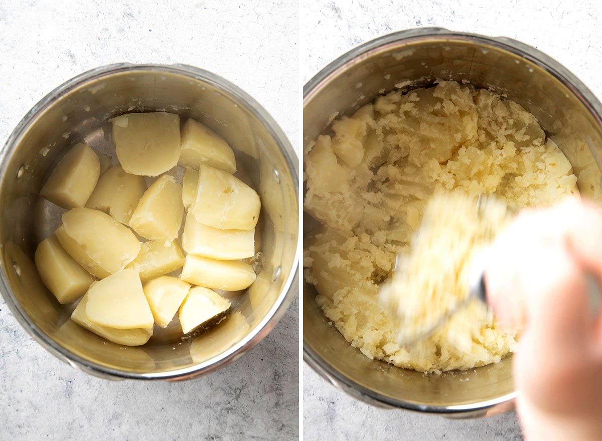 Two photos showing How to Make Mashed Potatoes - mashing potatoes until mostly smooth with a potato masher.