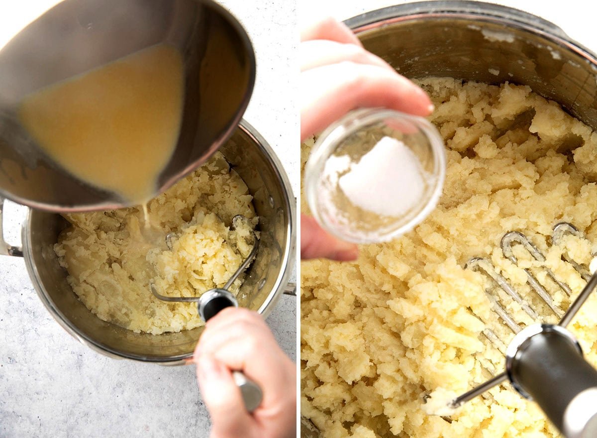 Adding butter and milk mixture to potatoes and mashing in salt and pepper.