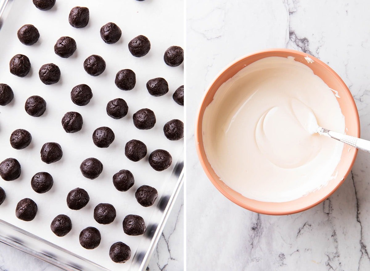 Two photos showing how to make Oreo Balls - Oreo balls rolled into spheres on a lined baking sheet and a bowl of smoothly melted white chocolate.