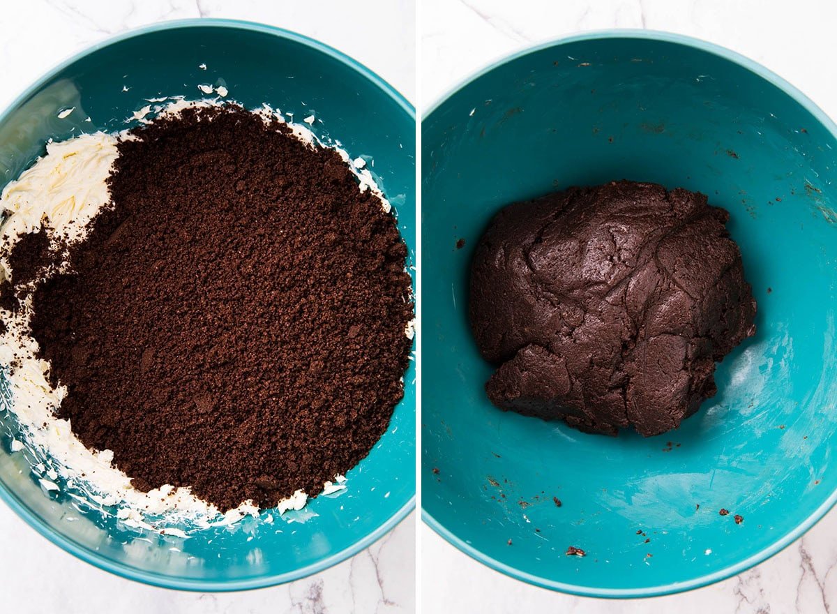 Two photos showing How to Make Oreo Truffles recipe - crushed Oreos and cream cheese in a mixing bowl and folded into a truffle dough ball.
