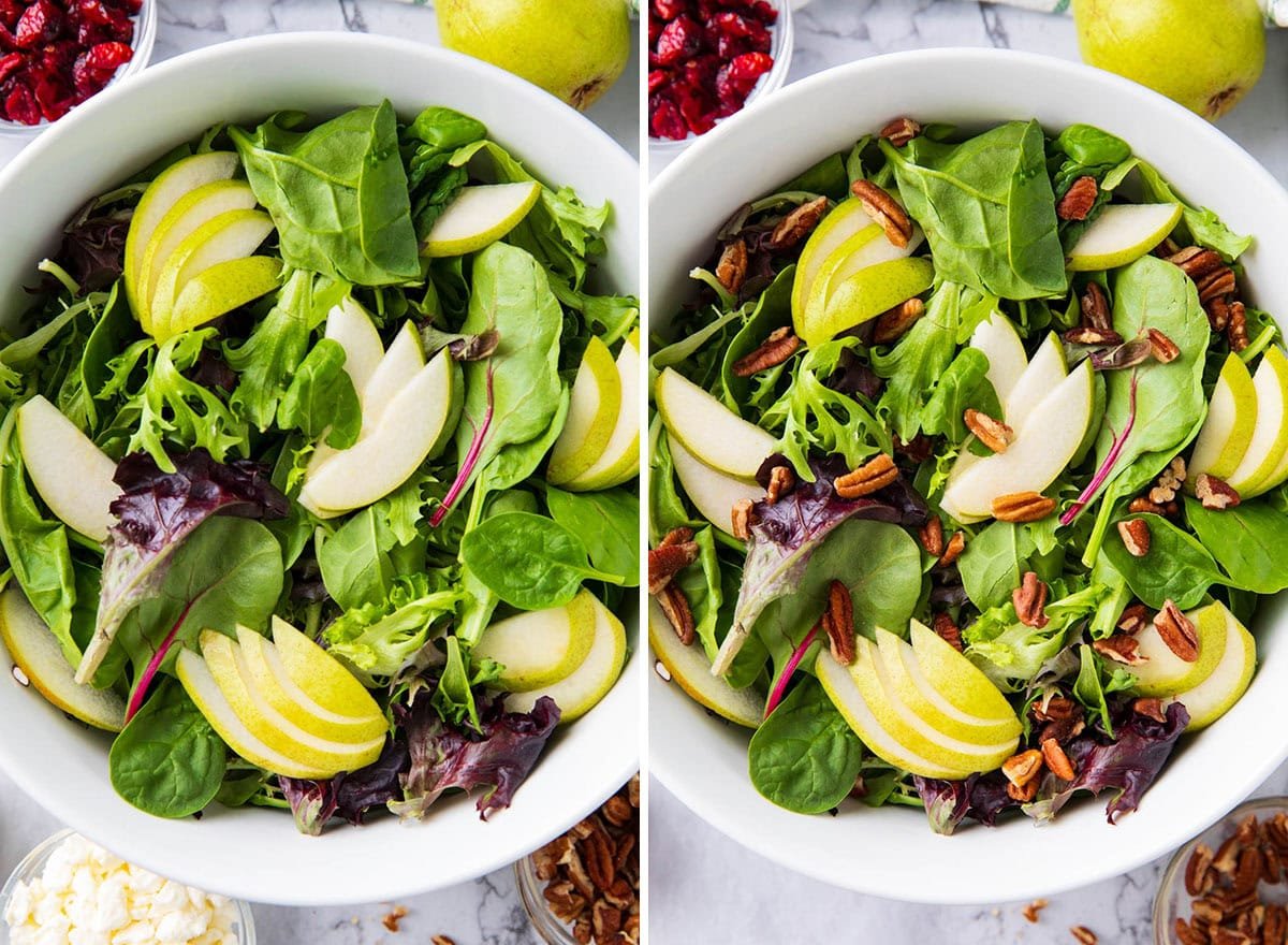 Two photos showing How to Make Pear Salad - Adding sliced pears over a bed of lettuce and topping with pecans.