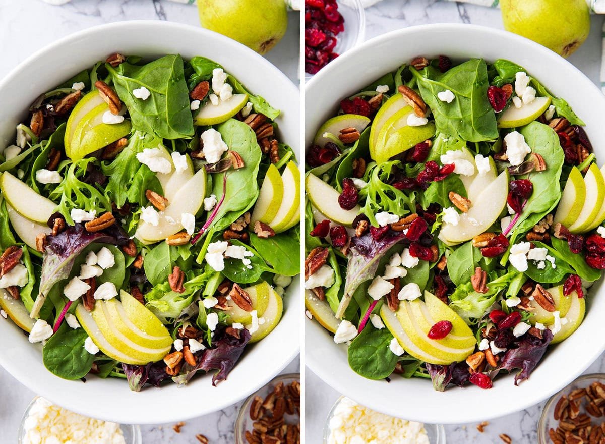 Two photos showing how to make pear salad - sprinkled feta cheese and dried cranberries over lettuce.