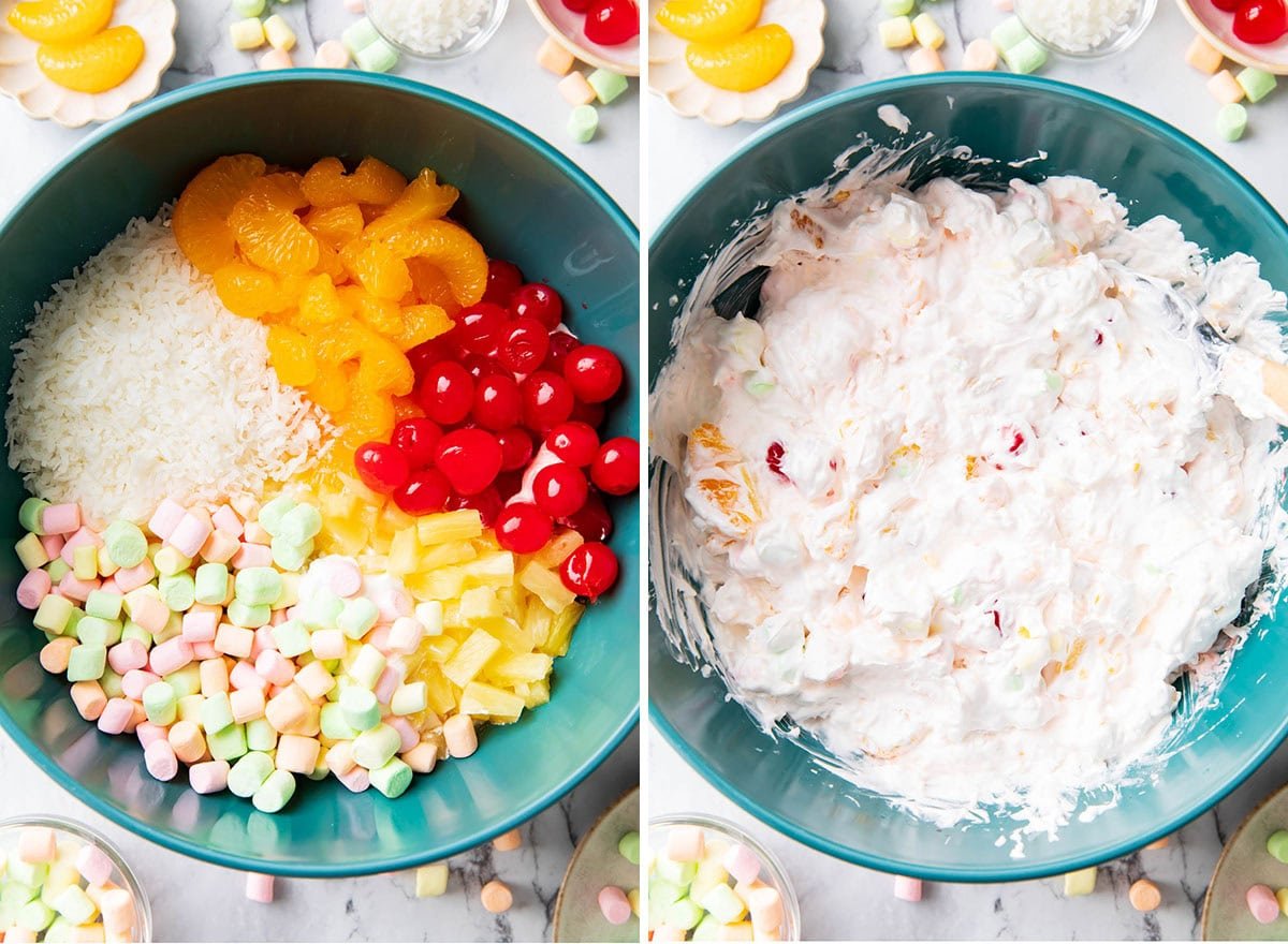 Two photos showing How to Make Ambrosia Salad - coconut, oranges, pineapples, marshmallows, and cherries arranged on top of Cool whip and folded together very well.