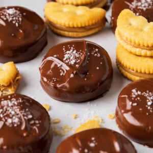 Chocolate Peanut Butter Ritz Cookies are dipped in chocolate and filled with peanut butter