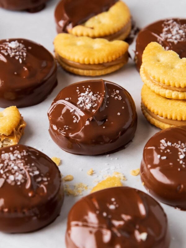 Chocolate Peanut Butter Ritz Cookies are dipped in chocolate and filled with peanut butter