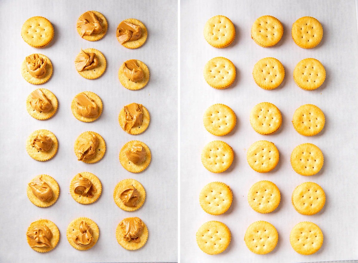 Two photos showing How to Make Peanut Butter Ritz Crackers - peanut butter on top of Ritz crackers, then sandwiched with another Ritz cracker.