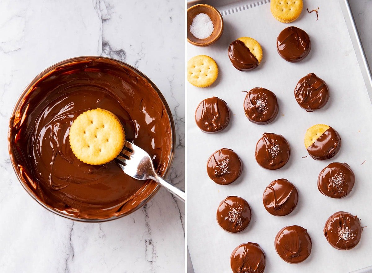 Two photos showing How to Make Peanut Butter Chocolate Ritz Cookies - dipping a ritz cookie into melted chocolate and placing on line baking sheet.