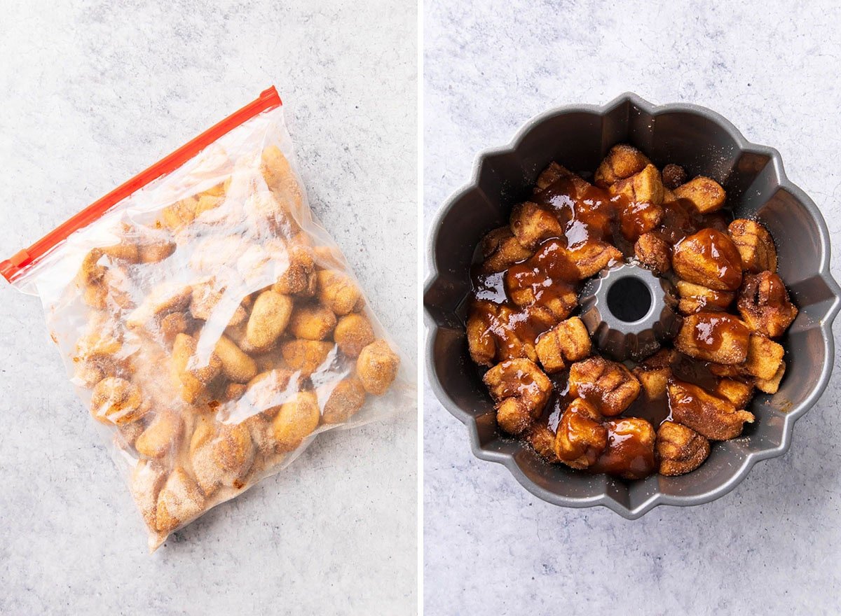 Two photos showing How to Make Cinnamon Roll Monkey Bread - cinnamon roll pieces coated in cinnamon sugar and placed in a bundt pan with cinnamon sugar glaze.