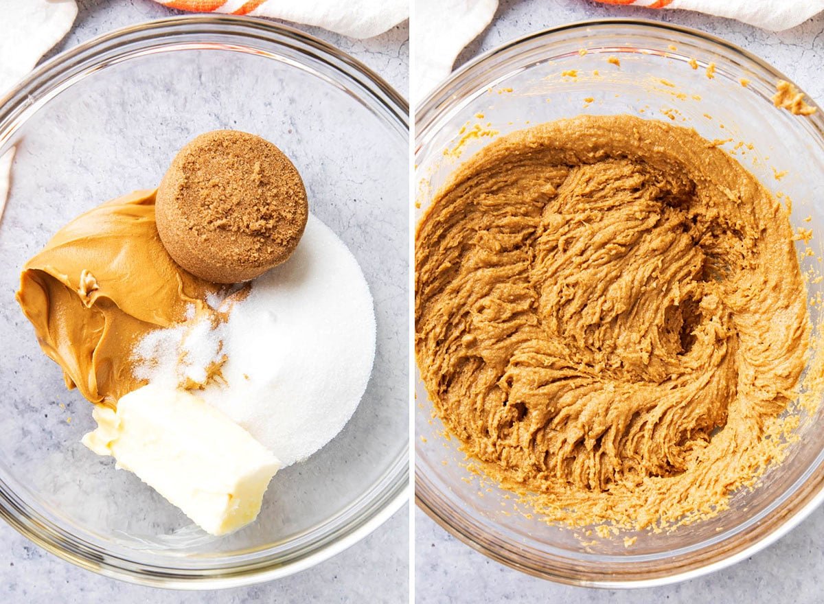 Two photos showing How to Make Peanut Butter Oatmeal Cookies - creaming together peanut butter, butter, brown sugar, and sugar.