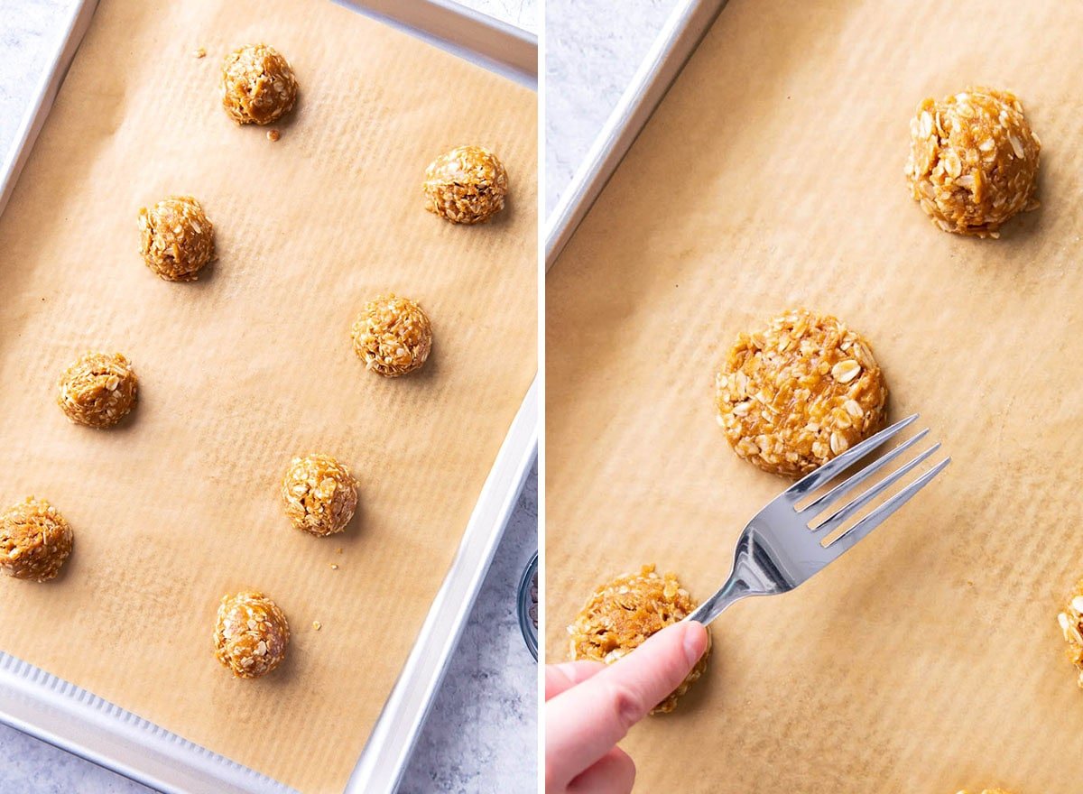 Scoop and flatten peanut butter oatmeal cookies dough on a lined baking sheet.