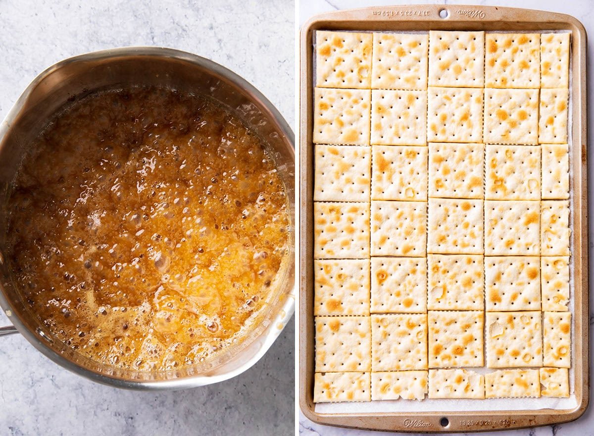 Two photos showing How to Make Saltine Cracker Toffee - saltine crackers in an even layer with toffee and chocolate chips on top.