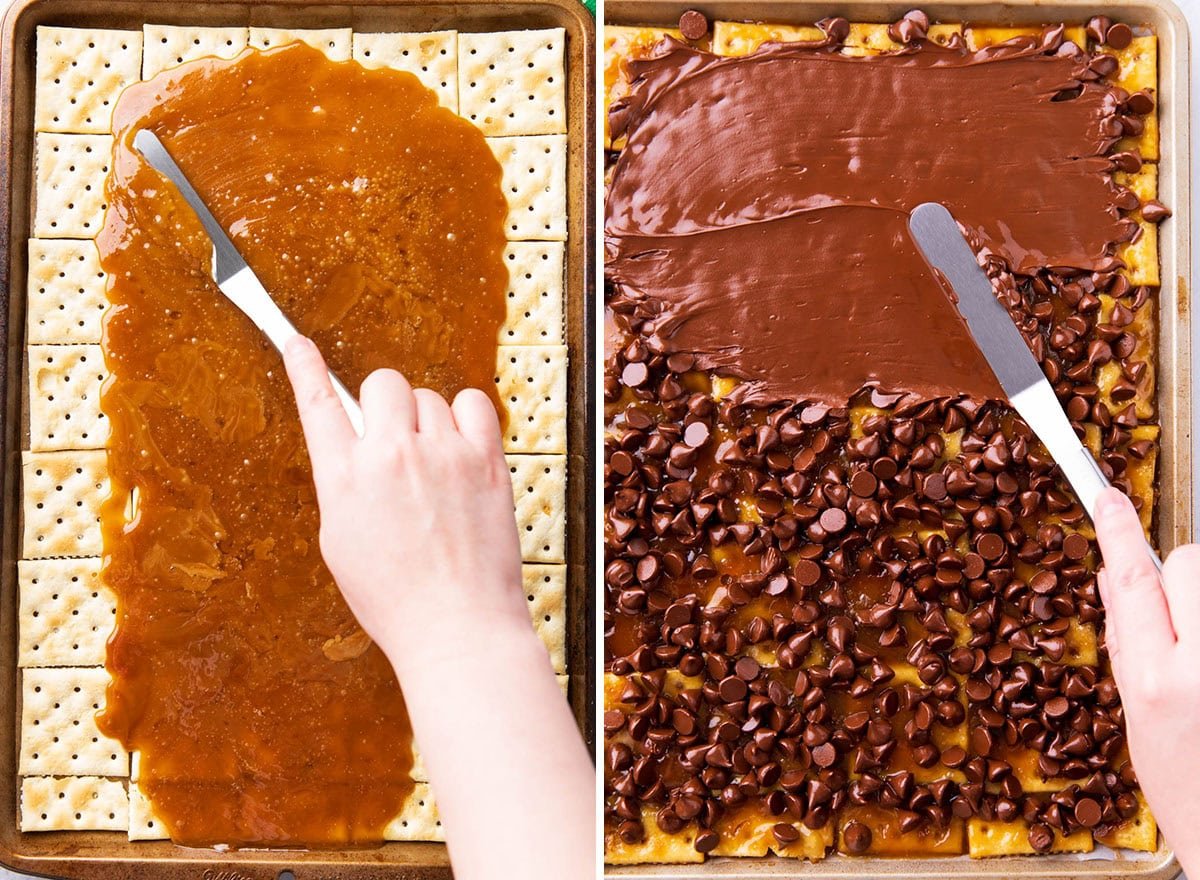 Two photos showing How to Make Saltine Cracker Toffee - spreading toffee over saltine crackers.