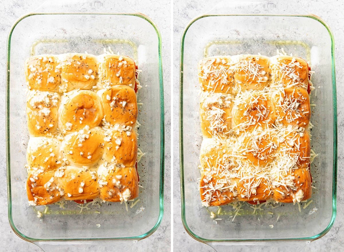 Two photos showing How to Make Pizza Sliders - garlic and butter topped rolls sprinkled with parmesan.