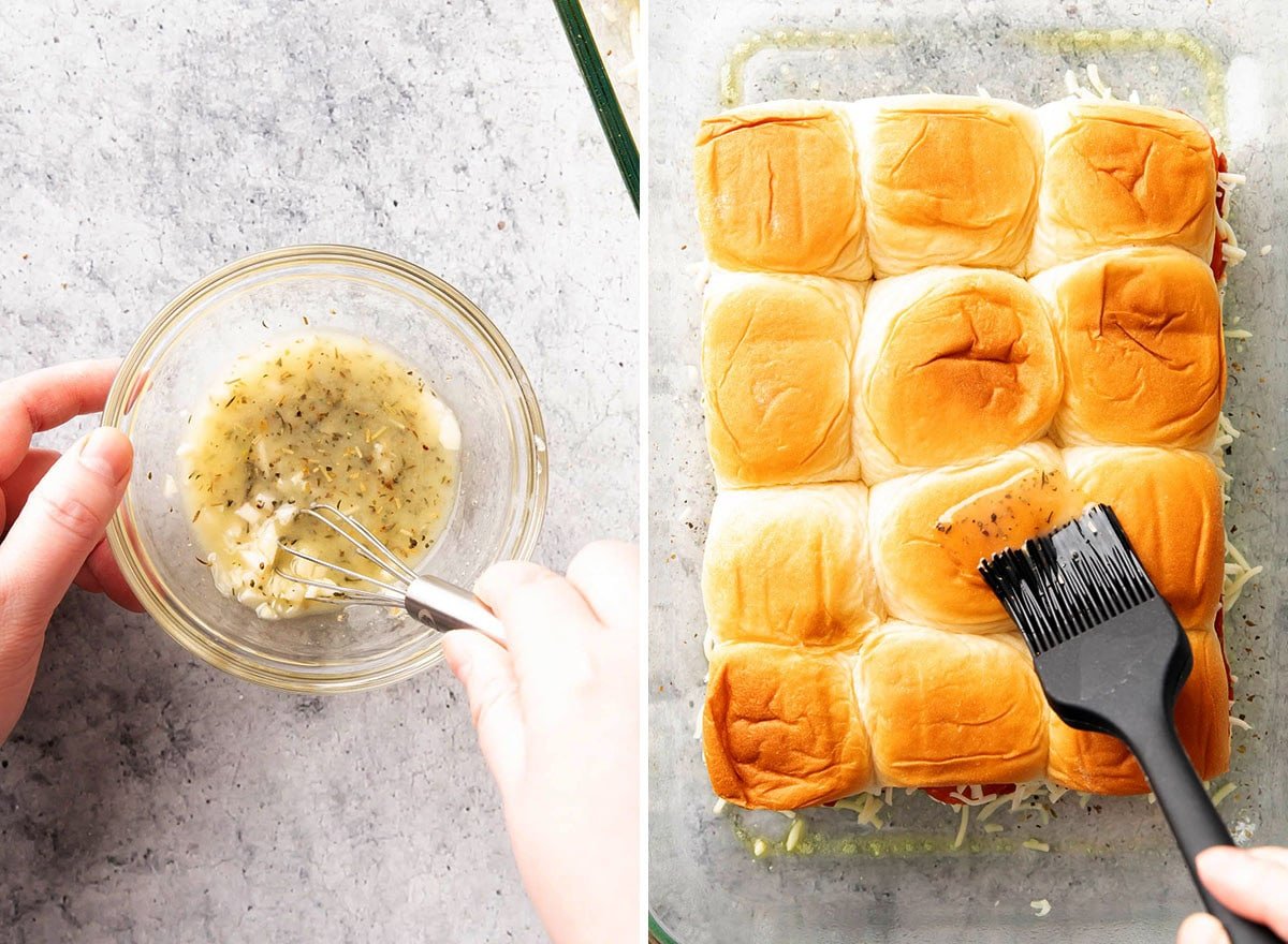 Two photos showing How to Make Pizza Sliders with Hawaiian Rolls - brushing garlic butter topping over rolls.